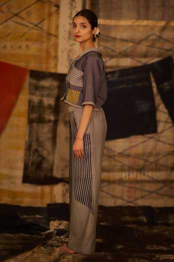 Buy_Banana Labs_Blue Denim Collared Chevron Print Shirt And Pant Set _Online_at_Aza_Fashions