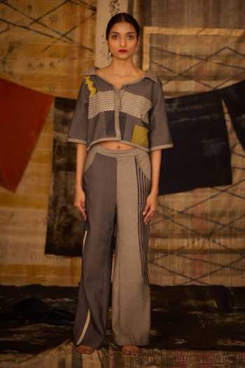 Shop_Banana Labs_Blue Denim Collared Chevron Print Shirt And Pant Set _Online_at_Aza_Fashions