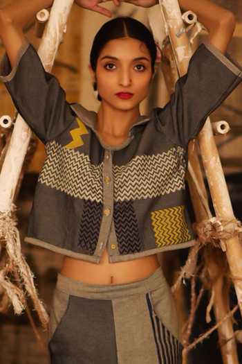 Banana Labs_Blue Denim Collared Chevron Print Shirt And Pant Set _at_Aza_Fashions