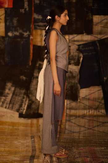 Buy BANANA labs Blue Denim V-neck Hand Block Print Top And Pant Set Online at Aza Fashions Buy_BANANA labs_Blue Denim V-neck Hand Block Print Top And Pant Set _Online_at_Aza_Fashions