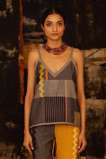 Buy_Banana Labs_Blue Cotton, Denim V-neck Striped Print Top And Pant Set _Online_at_Aza_Fashions