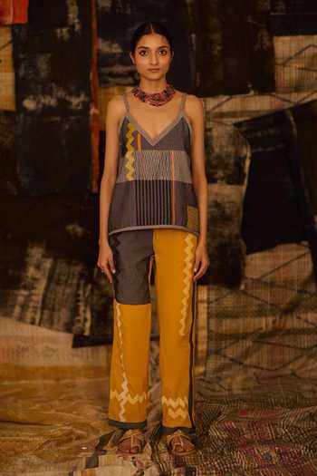 Banana Labs_Blue Cotton, Denim V-neck Striped Print Top And Pant Set _at_Aza_Fashions