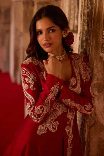 Shop_Charu And Vasundhara_Red Silk, Tissue, Taffeta Zari V-neck Tevora Paisley Pattern Jacket Palazzo Set _Online_at_Aza_Fashions