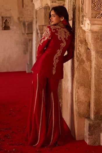 Charu And Vasundhara_Red Silk, Tissue, Taffeta Zari V-neck Tevora Paisley Pattern Jacket Palazzo Set _at_Aza_Fashions
