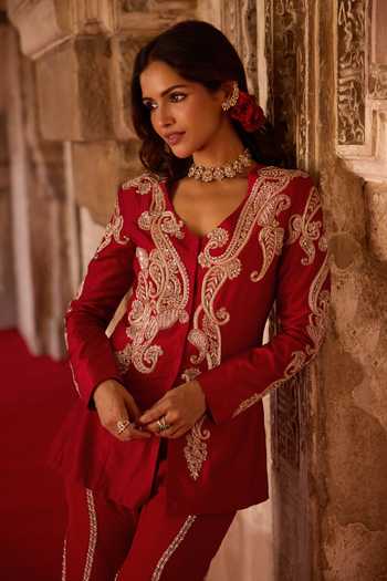 Buy_Charu And Vasundhara_Red Silk, Tissue, Taffeta Zari V-neck Tevora Paisley Pattern Jacket Palazzo Set 