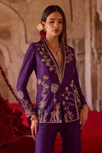 Charu And Vasundhara_Purple Silk, Organza, Tissue, Taffeta Embroidery Tavora Jacket And Palazzo Set _Online_at_Aza_Fashions