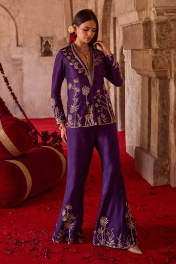 Buy_Charu And Vasundhara_Purple Silk, Organza, Tissue, Taffeta Embroidery Tavora Jacket And Palazzo Set _Online_at_Aza_Fashions
