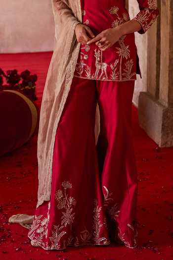 Charu And Vasundhara_Red Silk, Tissue, Taffeta V-neck Tashira Forest Embroidered Kurta Set _at_Aza_Fashions