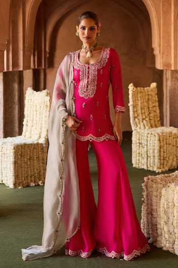 Buy_Charu And Vasundhara_Pink Silk, Organza, Taffeta Scoop Terina Stone Embellished Kurta Sharara Set _Online_at_Aza_Fashions