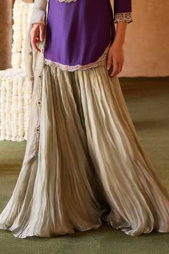 Buy_Charu And Vasundhara_Purple Silk, Satin, Tissue V-neck Tamiya Stonework Kurta Sharara Set _Online_at_Aza_Fashions