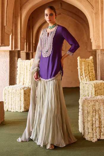 Charu And Vasundhara_Purple Silk, Satin, Tissue V-neck Tamiya Stonework Kurta Sharara Set _at_Aza_Fashions