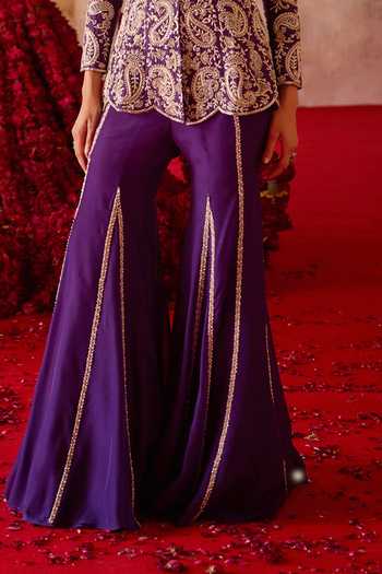 Buy_Charu And Vasundhara_Purple Silk, Tissue, Taffeta Talyra Paisley Embroidered Kurta And Sharara Set _Online_at_Aza_Fashions