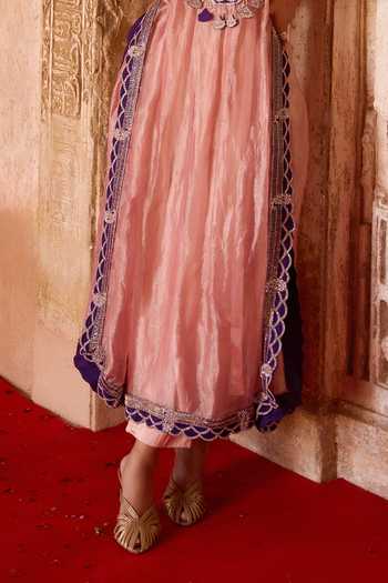 Charu And Vasundhara_Pink Silk, Organza, Tissue, Tussar, Tavleen Paisley Embroidered Kaftan Set _Online_at_Aza_Fashions