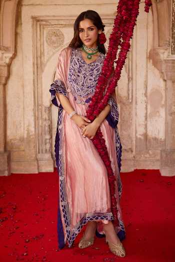 Buy_Charu And Vasundhara_Pink Silk, Organza, Tissue, Tussar, Tavleen Paisley Embroidered Kaftan Set _Online_at_Aza_Fashions