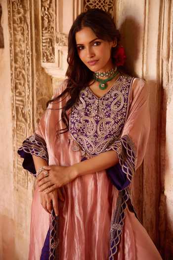 Shop_Charu And Vasundhara_Pink Silk, Organza, Tissue, Tussar, Tavleen Paisley Embroidered Kaftan Set _Online_at_Aza_Fashions