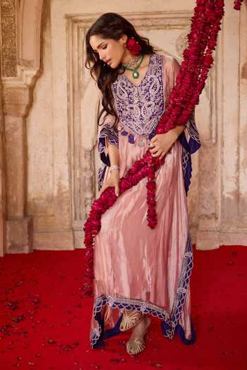Charu And Vasundhara_Pink Silk, Organza, Tissue, Tussar, Tavleen Paisley Embroidered Kaftan Set _at_Aza_Fashions
