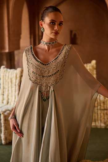 Charu And Vasundhara_Mint Silk, Taffeta Scoop Neck Tavreen Stonework Cape And Palazzo Set _Online_at_Aza_Fashions
