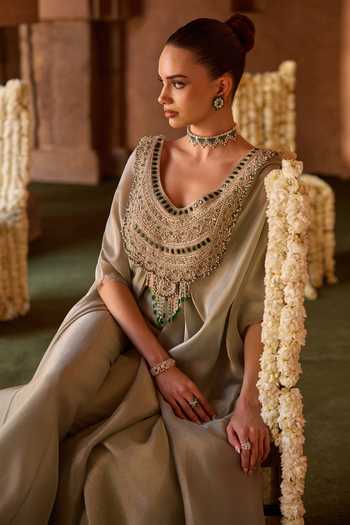Buy_Charu And Vasundhara_Mint Silk, Taffeta Scoop Neck Tavreen Stonework Cape And Palazzo Set _Online_at_Aza_Fashions