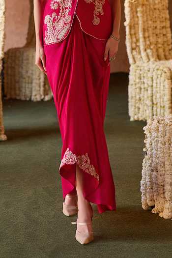 Charu And Vasundhara_Fuchsia Silk, Tissue, Taffeta V-neck Tasya Paisley Pattern Waistcoat And Skirt Set _Online_at_Aza_Fashions