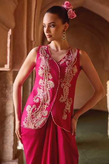 Buy_Charu And Vasundhara_Fuchsia Silk, Tissue, Taffeta V-neck Tasya Paisley Pattern Waistcoat And Skirt Set _Online_at_Aza_Fashions
