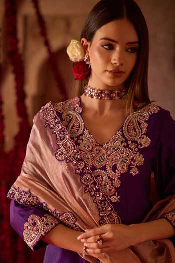 Charu And Vasundhara_Purple Silk, Georgette, Taffeta Tavisha Paisley Embroidered Anarkali And Pant Set _Online_at_Aza_Fashions