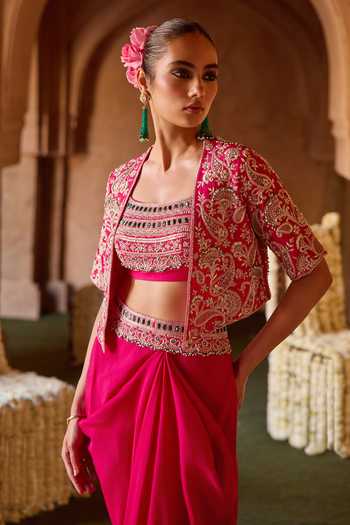 Charu And Vasundhara_Pink Tissue, Taffeta Bandeau Neck, Tavrina Paisley Embroidered Jacket Skirt Set _Online_at_Aza_Fashions