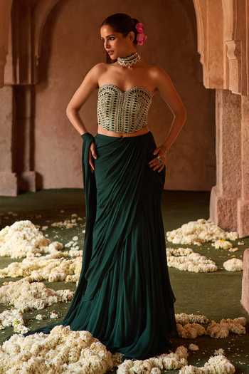 Buy_Charu And Vasundhara_Green Silk, Organza, Taffeta Tanzira Stonework Corset And Pre-draped Saree Set _Online_at_Aza_Fashions