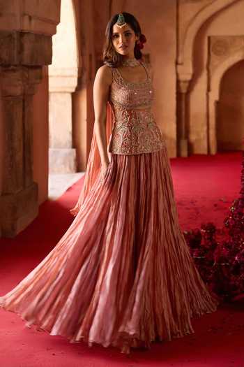 Charu And Vasundhara_Pink Tissue, Taffeta Scoop Neck Tazeen Paisley Embroidered Top Lehenga Set  _Online_at_Aza_Fashions