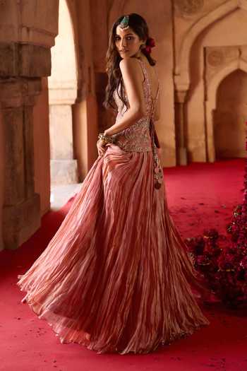 Buy_Charu And Vasundhara_Pink Tissue, Taffeta Scoop Neck Tazeen Paisley Embroidered Top Lehenga Set  _Online_at_Aza_Fashions