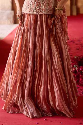 Shop_Charu And Vasundhara_Pink Tissue, Taffeta Scoop Neck Tazeen Paisley Embroidered Top Lehenga Set  _Online_at_Aza_Fashions