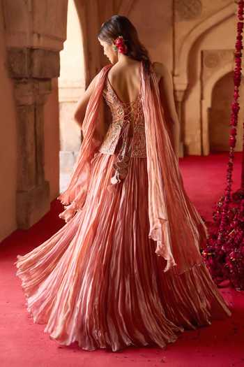 Charu And Vasundhara_Pink Tissue, Taffeta Scoop Neck Tazeen Paisley Embroidered Top Lehenga Set  _at_Aza_Fashions