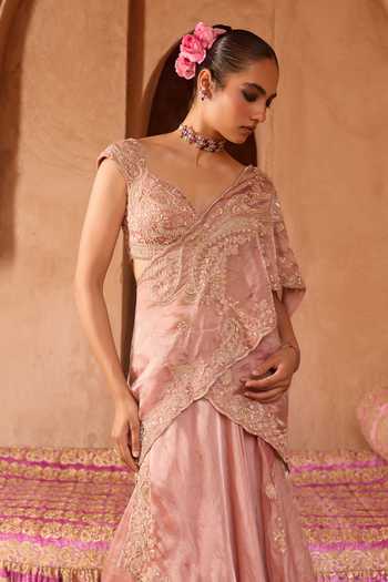Charu And Vasundhara_Pink Net, Taffeta, Tissue Tanera Paisley Embroidered Pre-draped Saree Set _Online_at_Aza_Fashions