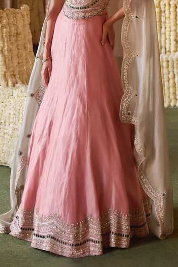 Charu And Vasundhara_Pink Silk, Net, Taffeta Stones Scoop Neck Tiyara Scallop Embroidered Lehenga Set _Online_at_Aza_Fashions