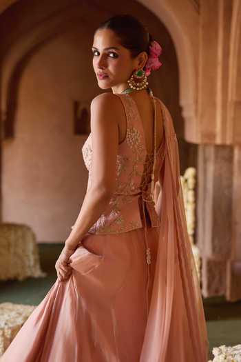 Charu And Vasundhara_Peach Tissue, Taffeta Embroidery, Zari Sweetheart Neck Tosara Lehenga Set _Online_at_Aza_Fashions