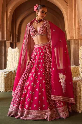 Buy Charu And Vasundhara Fuchsia Silk, Organza, Chanderi Silk, Taffeta Tashvini Embroidered Lehenga Set Online at Aza Fashions Buy_Charu And Vasundhara_Fuchsia Silk, Organza, Chanderi Silk, Taffeta Tashvini Embroidered Lehenga Set _Online_at_Aza_Fashions