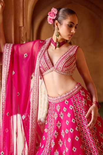 Charu And Vasundhara Fuchsia Silk, Organza, Chanderi Silk, Taffeta Tashvini Embroidered Lehenga Set at Aza Fashions Charu And Vasundhara_Fuchsia Silk, Organza, Chanderi Silk, Taffeta Tashvini Embroidered Lehenga Set _at_Aza_Fashions
