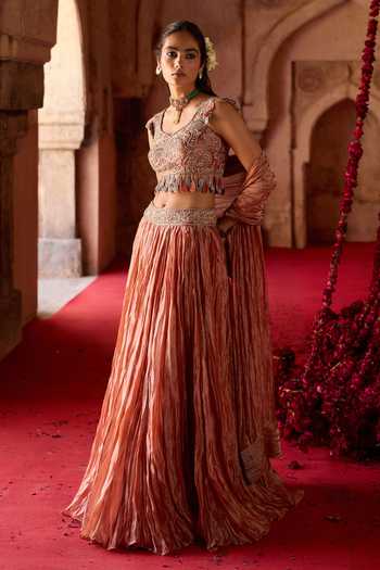 Buy_Charu And Vasundhara_Orange Silk, Chanderi Silk, Taffeta, Taarika Paisley Embroidered Lehenga Set _Online_at_Aza_Fashions