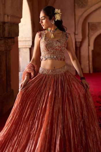 Shop_Charu And Vasundhara_Orange Silk, Chanderi Silk, Taffeta, Taarika Paisley Embroidered Lehenga Set _Online_at_Aza_Fashions