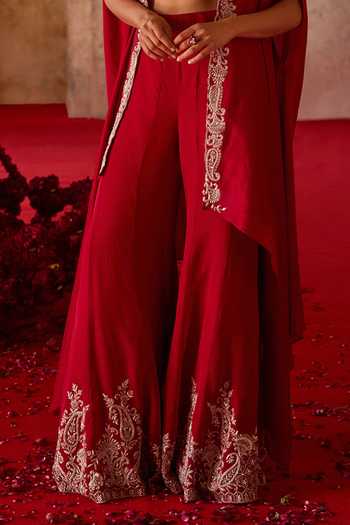 Charu And Vasundhara_Red Silk, Taffeta, Chiffon Square Neck Tamanna Embroidered Cape Palazzo Set _Online_at_Aza_Fashions