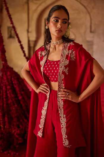 Buy_Charu And Vasundhara_Red Silk, Taffeta, Chiffon Square Neck Tamanna Embroidered Cape Palazzo Set _Online_at_Aza_Fashions