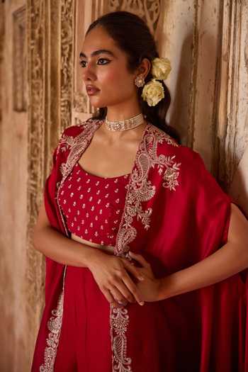 Shop_Charu And Vasundhara_Red Silk, Taffeta, Chiffon Square Neck Tamanna Embroidered Cape Palazzo Set _Online_at_Aza_Fashions