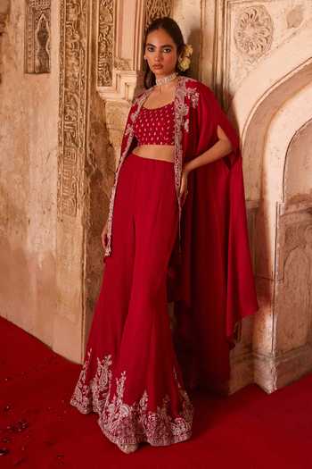 Charu And Vasundhara_Red Silk, Taffeta, Chiffon Square Neck Tamanna Embroidered Cape Palazzo Set _at_Aza_Fashions