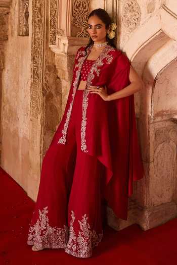 Buy_Charu And Vasundhara_Red Silk, Taffeta, Chiffon Square Neck Tamanna Embroidered Cape Palazzo Set 