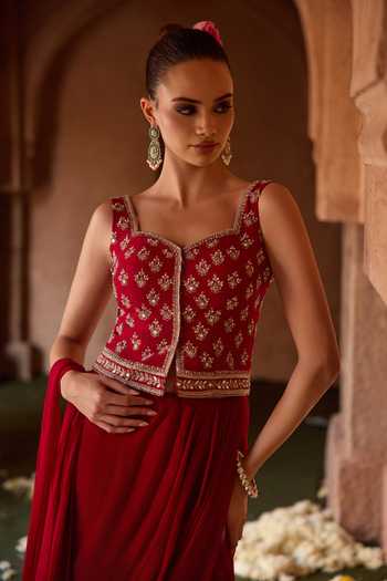 Charu And Vasundhara_Red Silk, Chiffon, Taffeta Tilottama Embroidered Jacket And Pre-draped Saree Set _Online_at_Aza_Fashions
