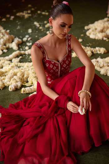 Buy_Charu And Vasundhara_Red Silk, Chiffon, Taffeta Tilottama Embroidered Jacket And Pre-draped Saree Set _Online_at_Aza_Fashions