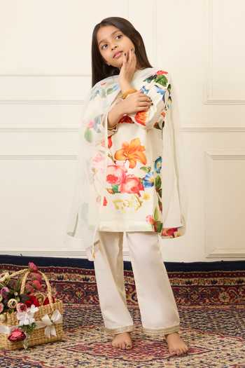 Mamma Plz_Ivory Chanderi Printed Kurta Pant Set _at_Aza_Fashions
