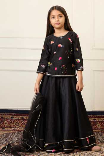 Shop_Mamma Plz_Black Chanderi Printed Top Lehenga Set _Online_at_Aza_Fashions