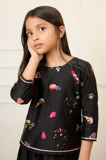 Mamma Plz_Black Chanderi Printed Top Lehenga Set _at_Aza_Fashions