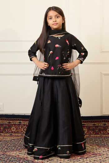 Buy_Mamma Plz_Black Chanderi Printed Top Lehenga Set 