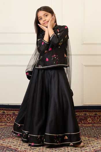 Shop_Mamma Plz_Black Chanderi Printed Top Lehenga Set 